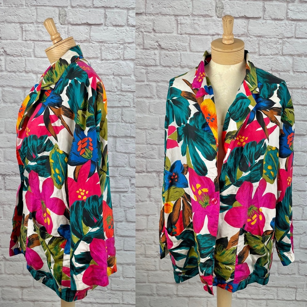 Silk Land Tropical Jungle Floral 100% Silk Button Flowy Oversized Blazer Size S
